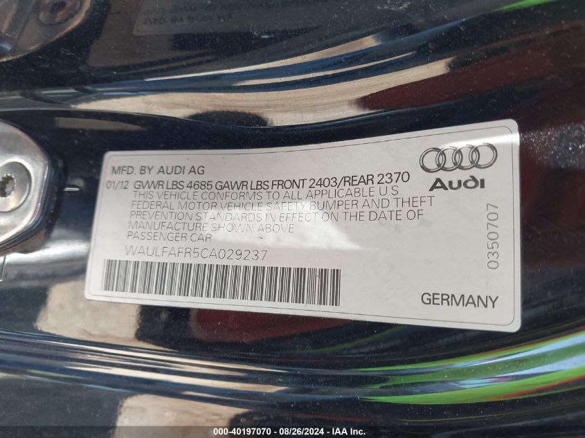 2012 Audi A5 2.0T Premium VIN: WAULFAFR5CA029237 Lot: 40197070