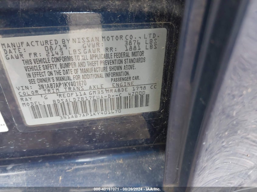 VIN 3N1AB7AP1KY401670 2019 NISSAN SENTRA SV