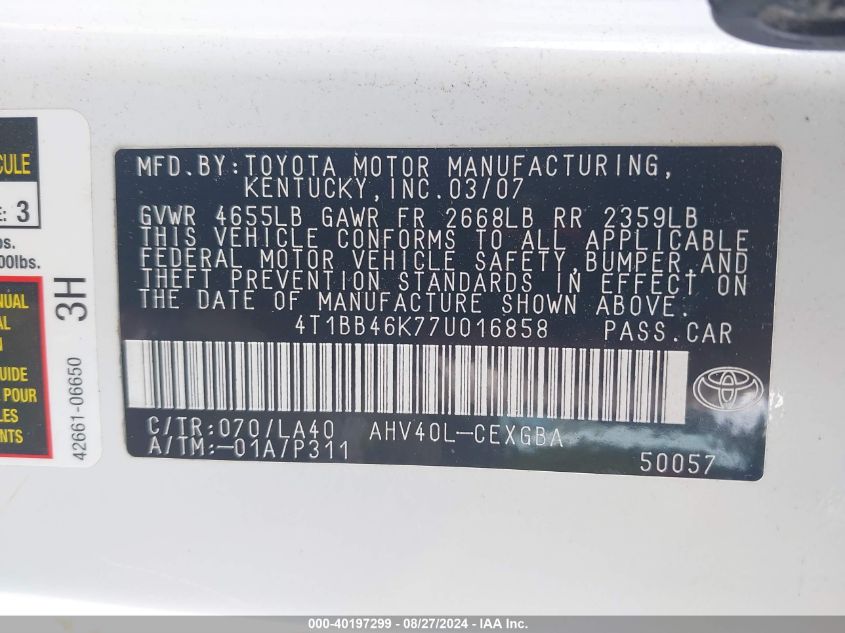 4T1BB46K77U016858 2007 Toyota Camry Hybrid