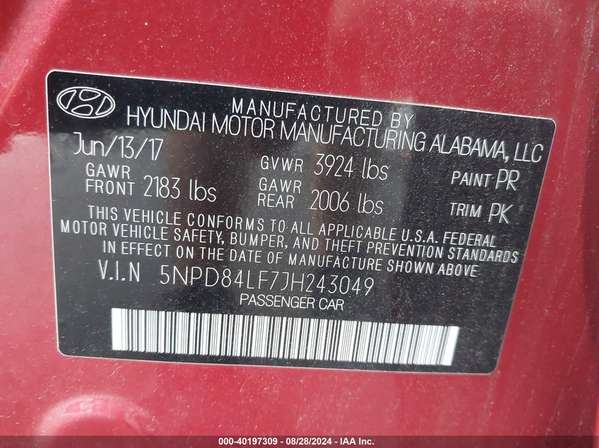 VIN 5NPD84LF7JH243049 2018 HYUNDAI ELANTRA SEL