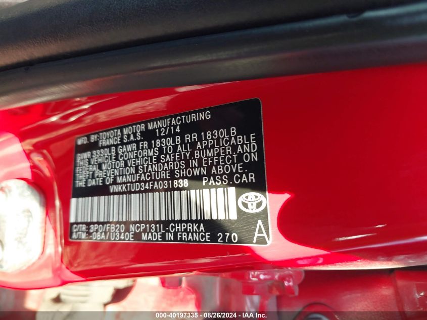 2015 Toyota Yaris Le VIN: VNKKTUD34FA031838 Lot: 40197335