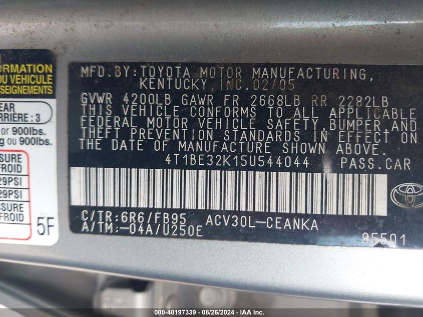 4T1BE32K15U544044 2005 Toyota Camry Le