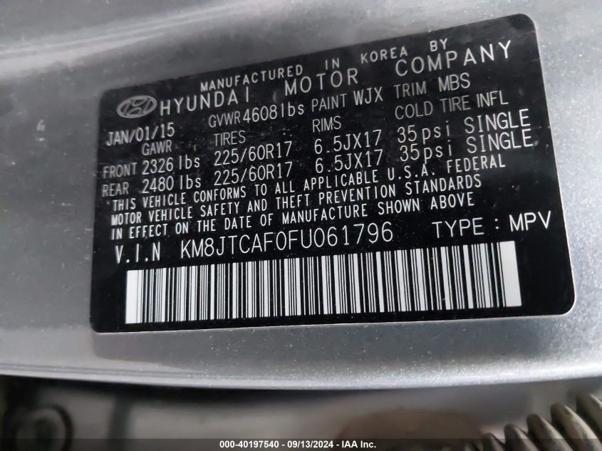 KM8JTCAF0FU061796 2015 Hyundai Tucson Gls