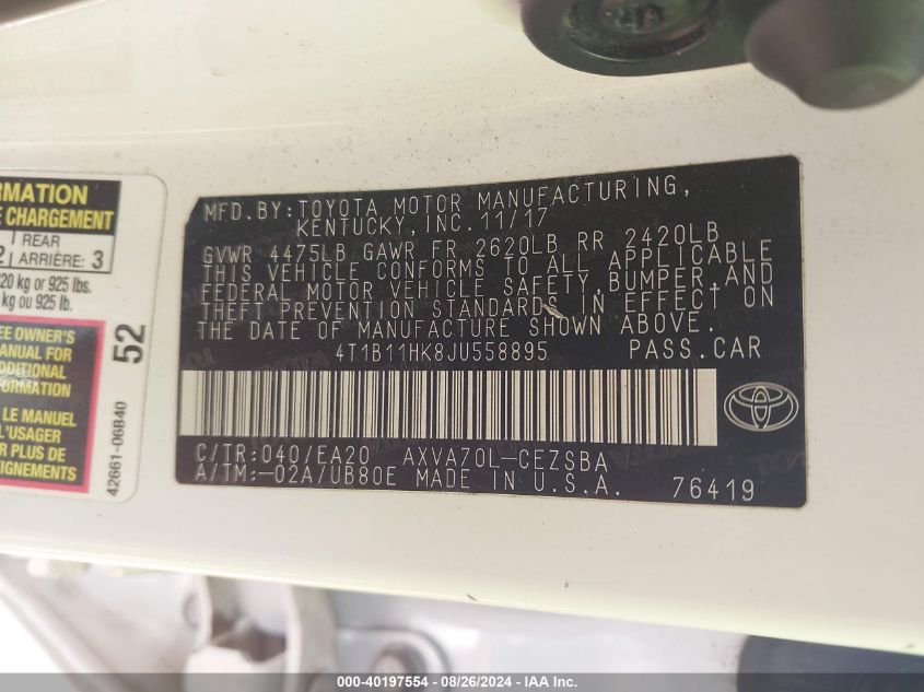 2018 TOYOTA CAMRY SE - 4T1B11HK8JU558895