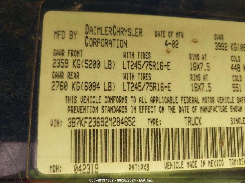 2002 Dodge Ram 2500 St VIN: 3B7KF23692M284652 Lot: 40197582