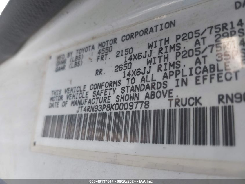 1989 Toyota Pickup 1/2 Ton Ex Lng Whlbse Dlx VIN: JT4RN93P8K0009778 Lot: 40197647