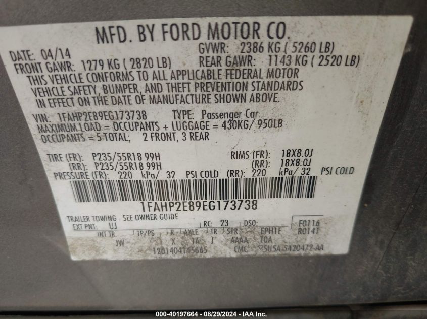 1FAHP2E89EG173738 2014 Ford Taurus Sel