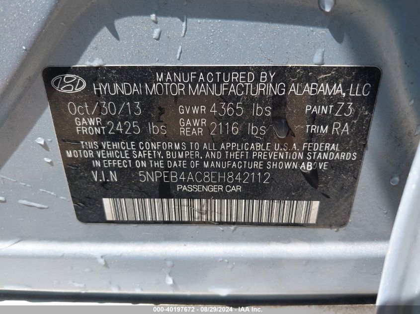 5NPEB4AC8EH842112 2014 Hyundai Sonata Gls