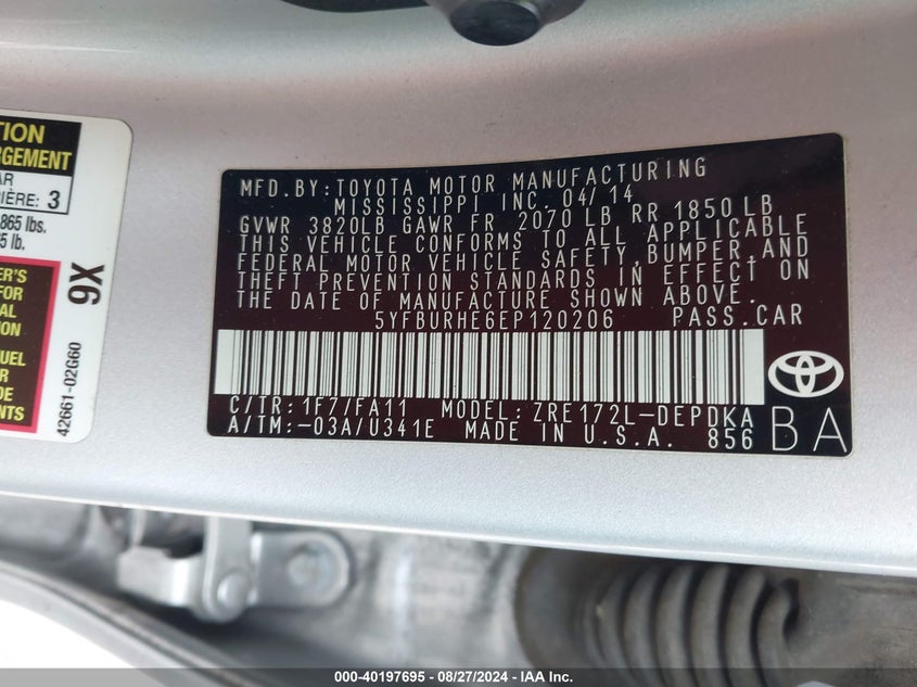 2014 Toyota Corolla L VIN: 5YFBURHE6EP120206 Lot: 40197695