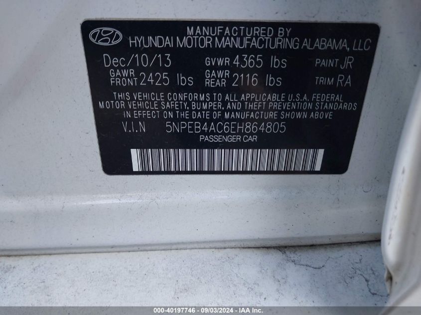 5NPEB4AC6EH864805 2014 Hyundai Sonata Gls