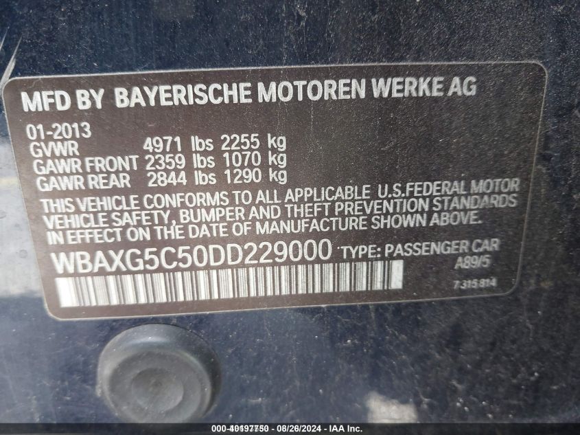 2013 BMW 528I VIN: WBAXG5C50DD229000 Lot: 40197750