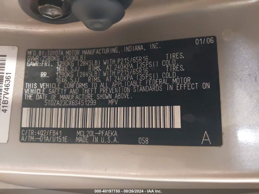 2006 Toyota Sienna Ce VIN: 5TDZA23CX6S451299 Lot: 40197755