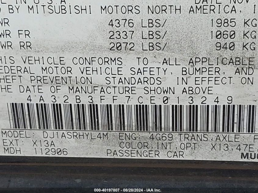 2012 Mitsubishi Galant Es/Se VIN: 4A32B3FF7CE013249 Lot: 40197807