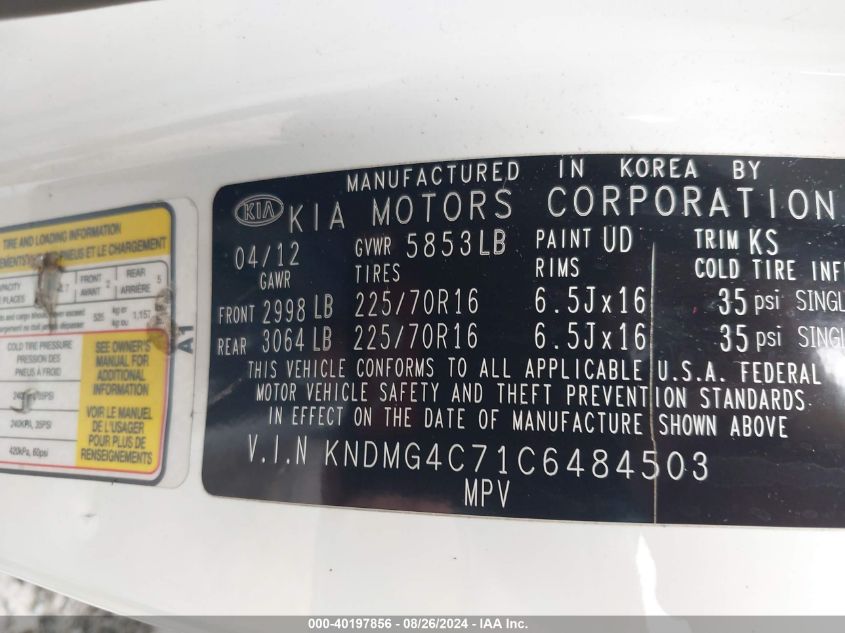 2012 Kia Sedona Lx VIN: KNDMG4C71C6484503 Lot: 40197856