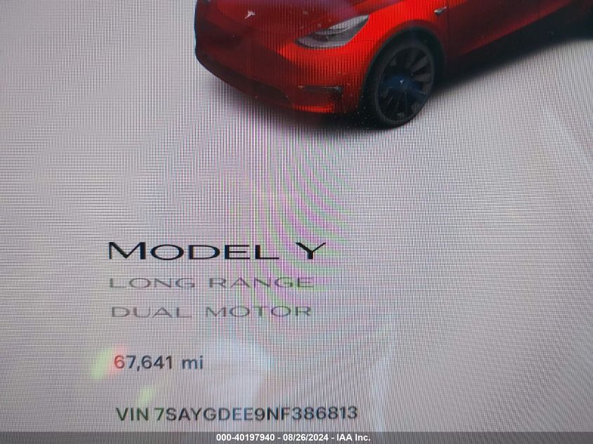 2022 Tesla Model Y Long Range Dual Motor All-Wheel Drive VIN: 7SAYGDEE9NF386813 Lot: 40197940