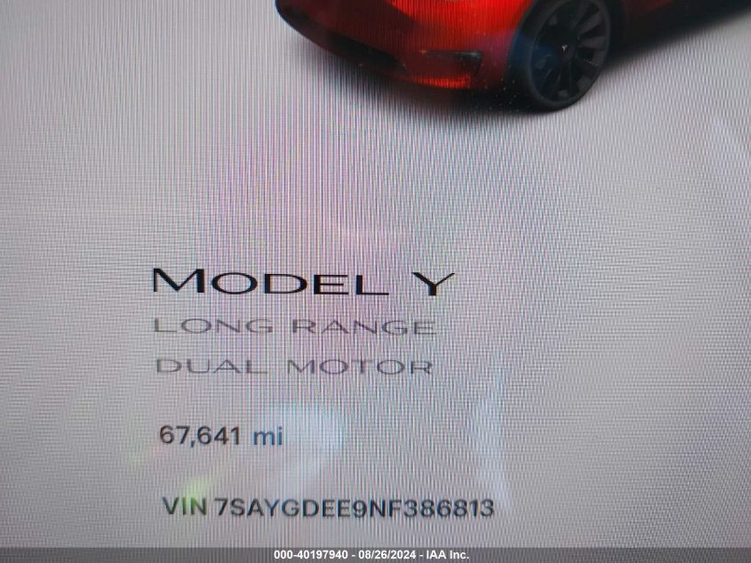 2022 Tesla Model Y Long Range Dual Motor All-Wheel Drive VIN: 7SAYGDEE9NF386813 Lot: 40197940