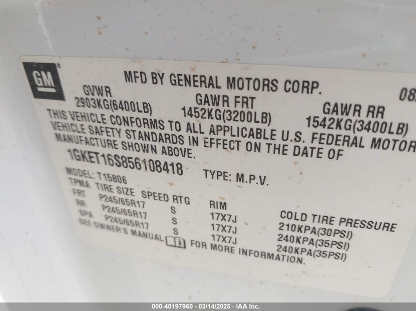 2005 GMC Envoy Xl Sle VIN: 1GKET16S856108418 Lot: 40197960