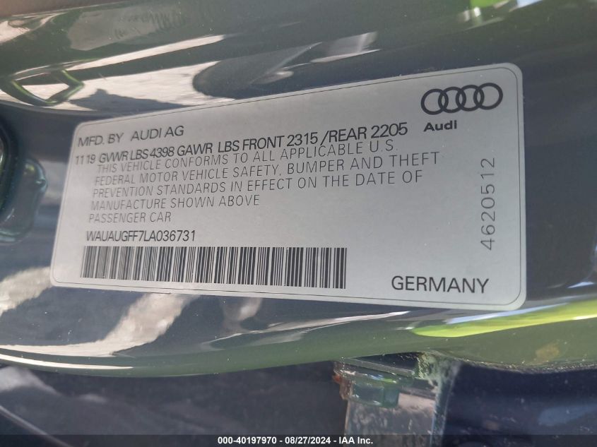 2020 Audi A3 Premium 40 Tfsi Front-Wheel Drive S Tronic VIN: WAUAUGFF7LA036731 Lot: 40197970