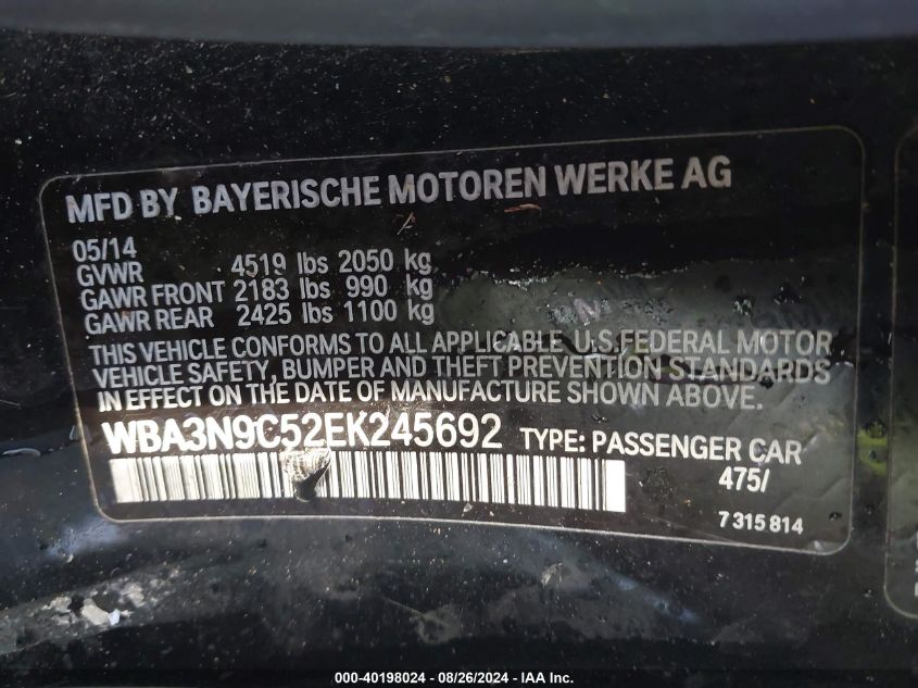 2014 BMW 428I xDrive VIN: WBA3N9C52EK245692 Lot: 40198024