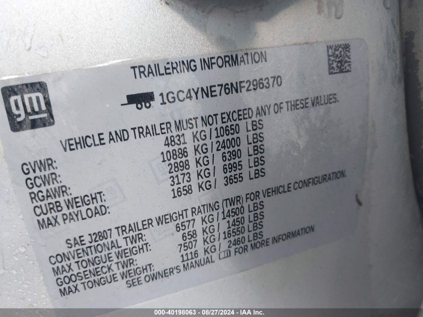 2022 Chevrolet Silverado K2500 Heavy Duty Lt VIN: 1GC4YNE76NF296370 Lot: 40198063