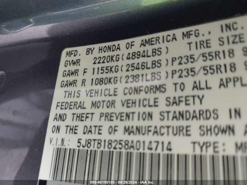 2008 Acura Rdx VIN: 5J8TB18258A014714 Lot: 40198105