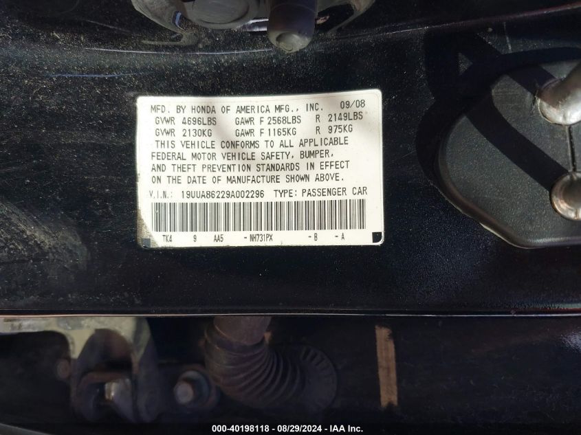 19UUA86229A002296 2009 Acura Tl 3.5