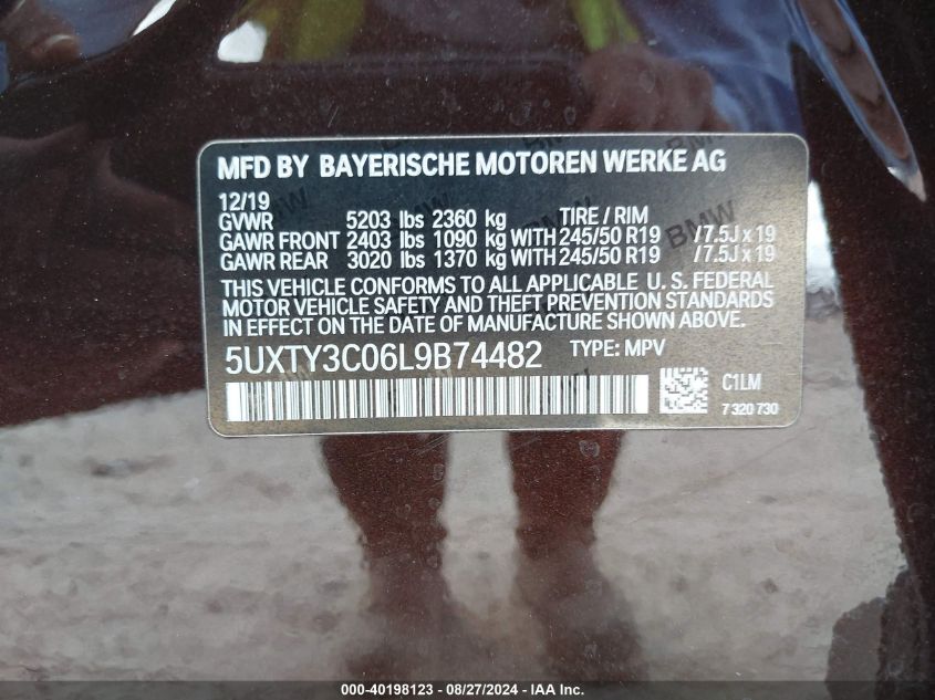 2020 BMW X3 Sdrive30I VIN: 5UXTY3C06L9B74482 Lot: 40198123