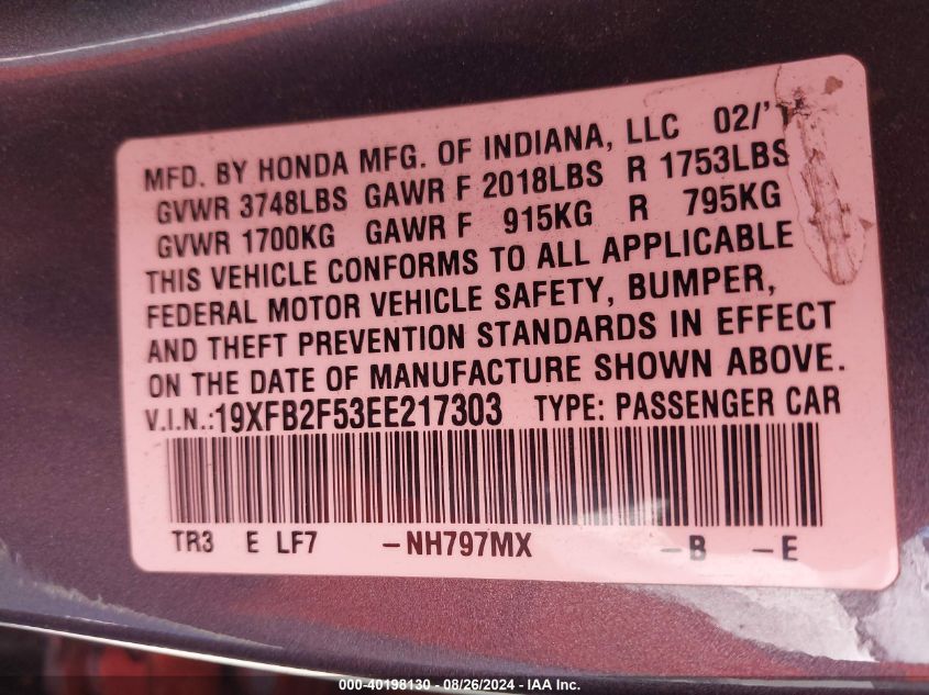 2014 Honda Civic Lx VIN: 19XFB2F53EE217303 Lot: 40198130