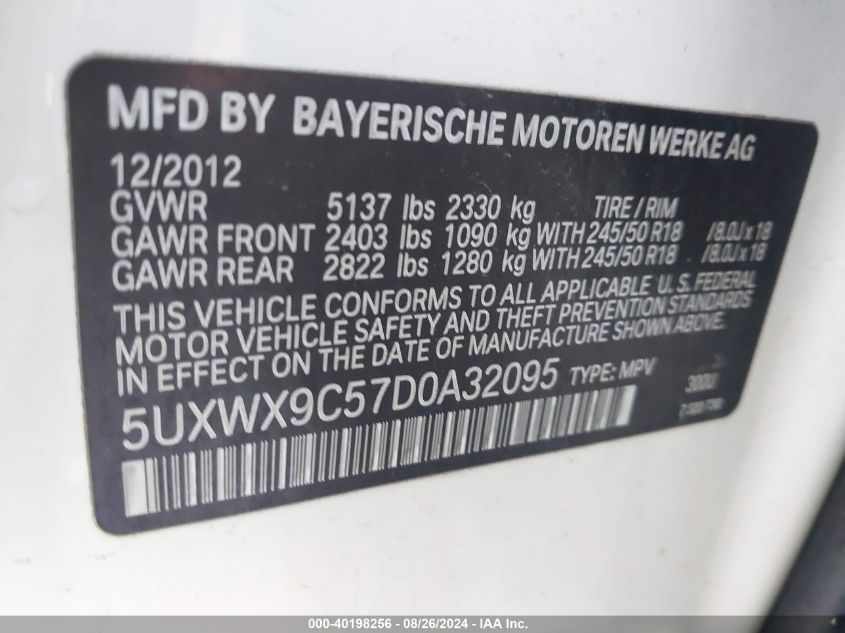 2013 BMW X3 xDrive28I VIN: 5UXWX9C57D0A32095 Lot: 40198256