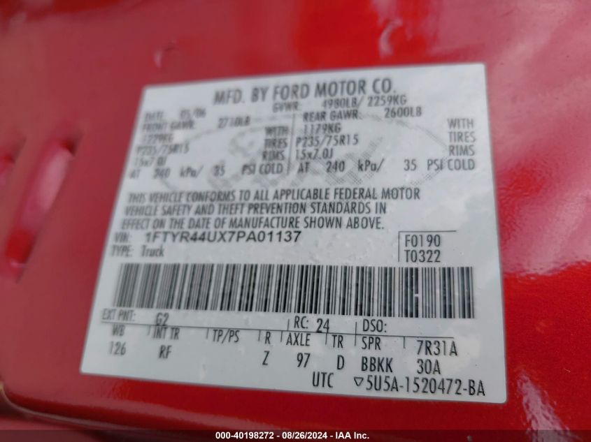 2007 Ford Ranger Sport/Stx/Xlt VIN: 1FTYR44UX7PA01137 Lot: 40198272