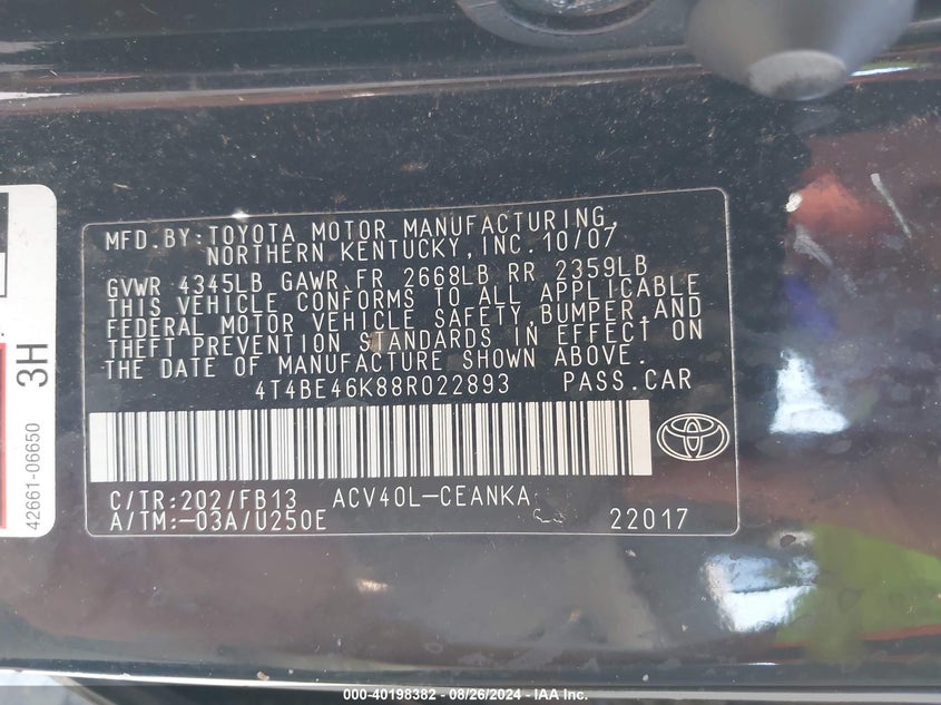 2008 Toyota Camry Le VIN: 4T4BE46K88R022893 Lot: 40198382