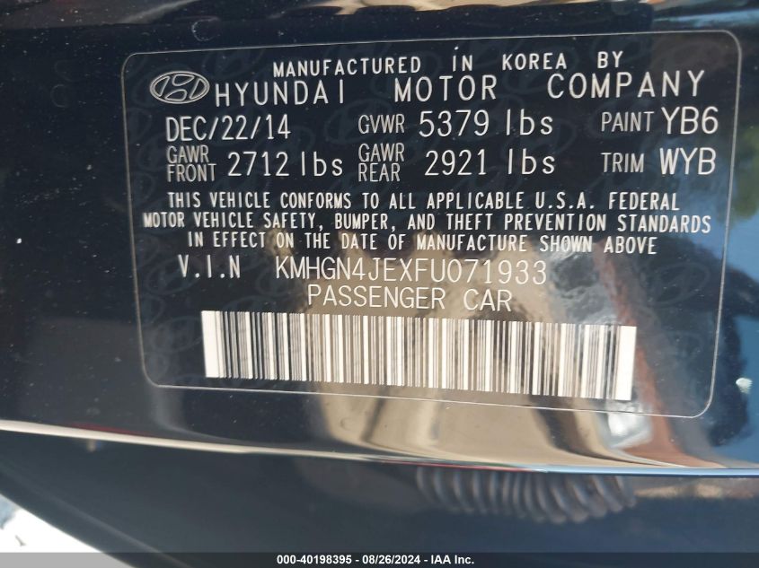 2015 Hyundai Genesis 3.8 VIN: KMHGN4JEXFU071933 Lot: 40198395