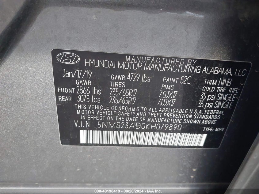 VIN 5NMS23AD0KH079890 2019 HYUNDAI SANTA FE SE