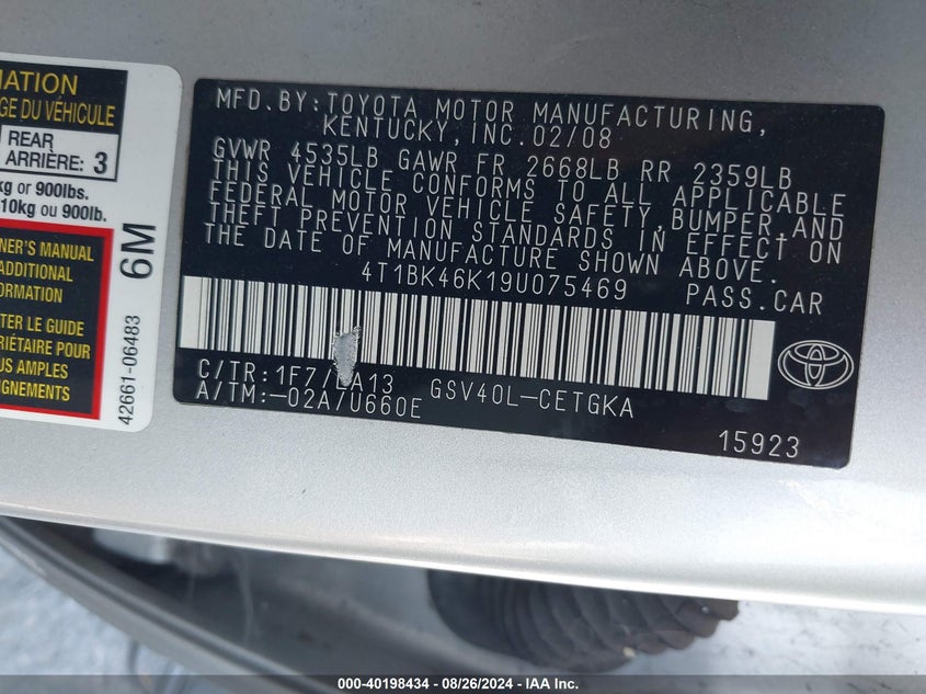 2009 Toyota Camry Xle V6 VIN: 4T1BK46K19U075469 Lot: 40198434