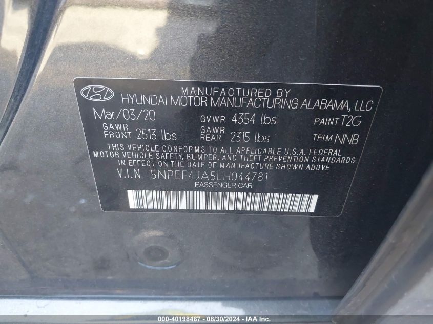 2020 Hyundai Sonata Sel VIN: 5NPEF4JA5LH044781 Lot: 40198467