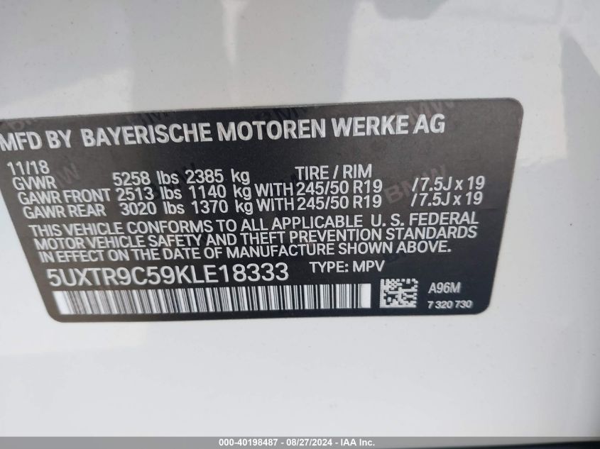 5UXTR9C59KLE18333 2019 BMW X3 xDrive30I