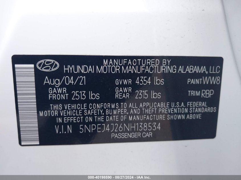 2022 Hyundai Sonata Sel Plus VIN: 5NPEJ4J26NH138534 Lot: 40198590