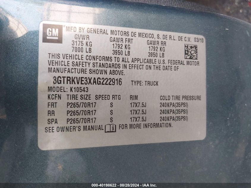 2010 GMC Sierra 1500 Sle VIN: 3GTRKVE3XAG222916 Lot: 40198622