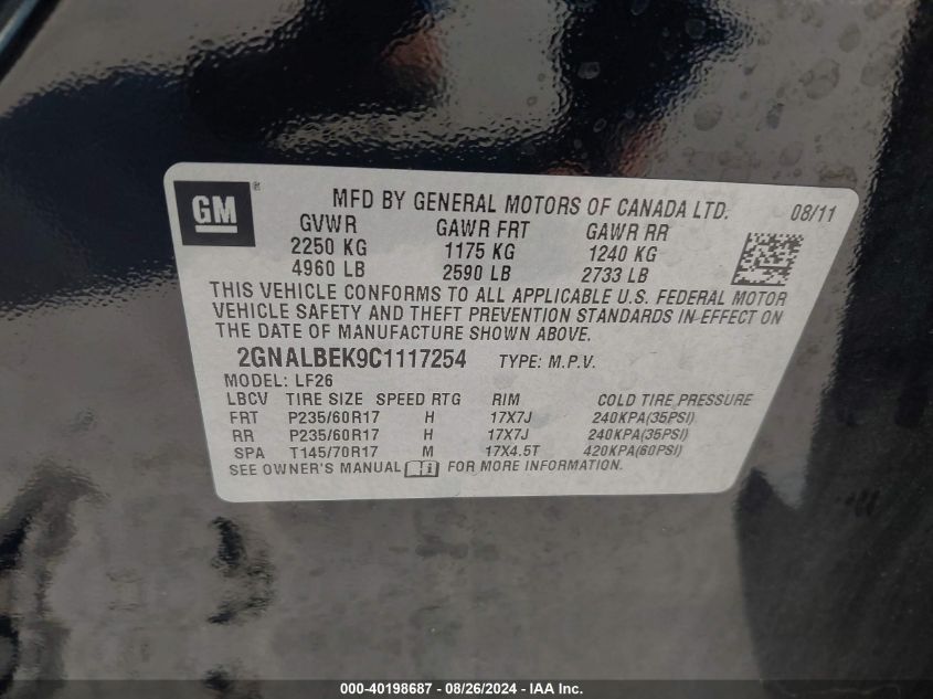 2012 Chevrolet Equinox Ls VIN: 2GNALBEK9C1117254 Lot: 40198687