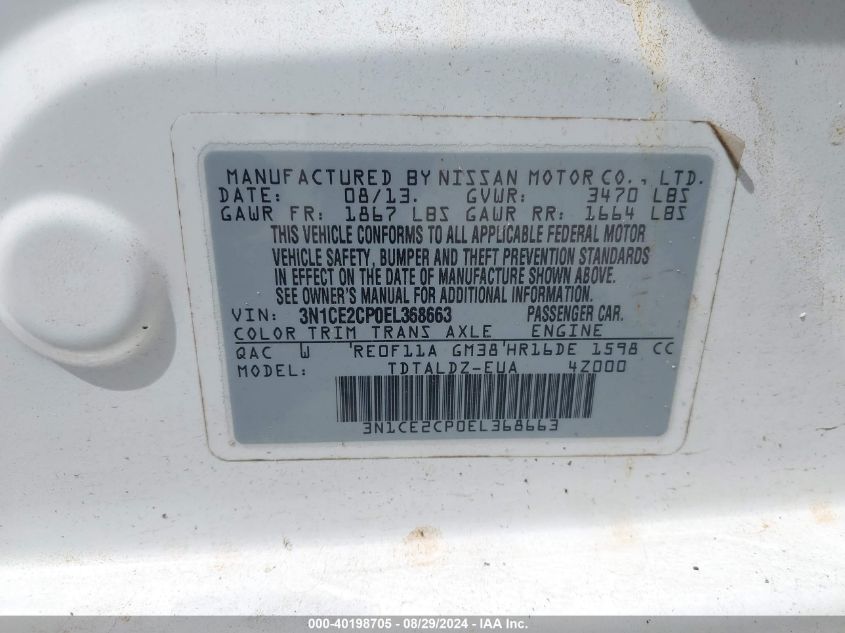 3N1CE2CP0EL368663 2014 Nissan Versa Note Sv