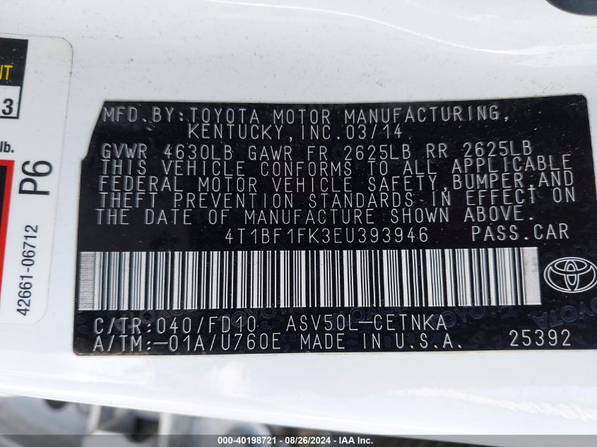 4T1BF1FK3EU393946 2014 Toyota Camry Le