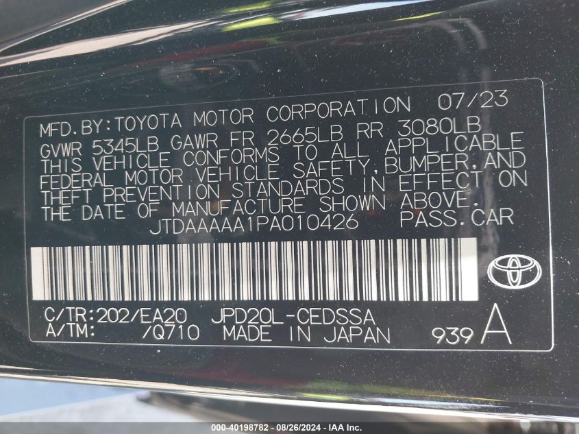 2023 Toyota Mirai Xle VIN: JTDAAAAA1PA010426 Lot: 40198782