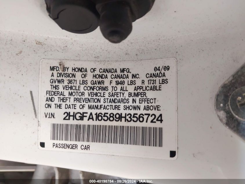 2009 Honda Civic Lx VIN: 2HGFA16589H356724 Lot: 40198784