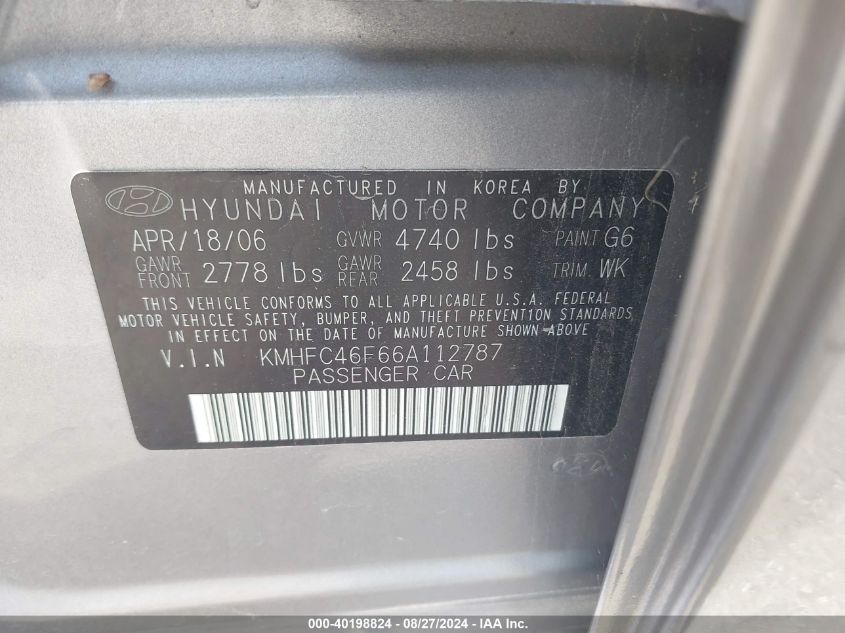 2006 Hyundai Azera Limited/Se VIN: KMHFC46F66A112787 Lot: 40198824