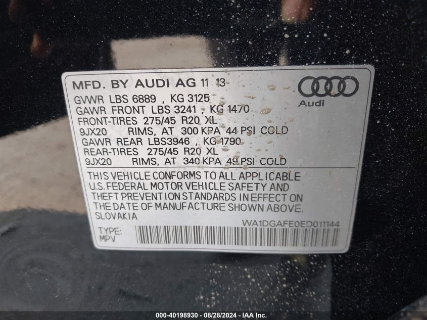 2014 Audi Q7 3.0T S Line Prestige VIN: WA1DGAFE0ED011144 Lot: 40198930