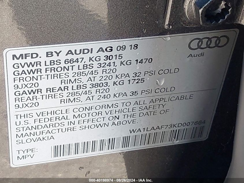 WA1LAAF73KD007664 2019 Audi Q7 55 Premium/55 Se Premium