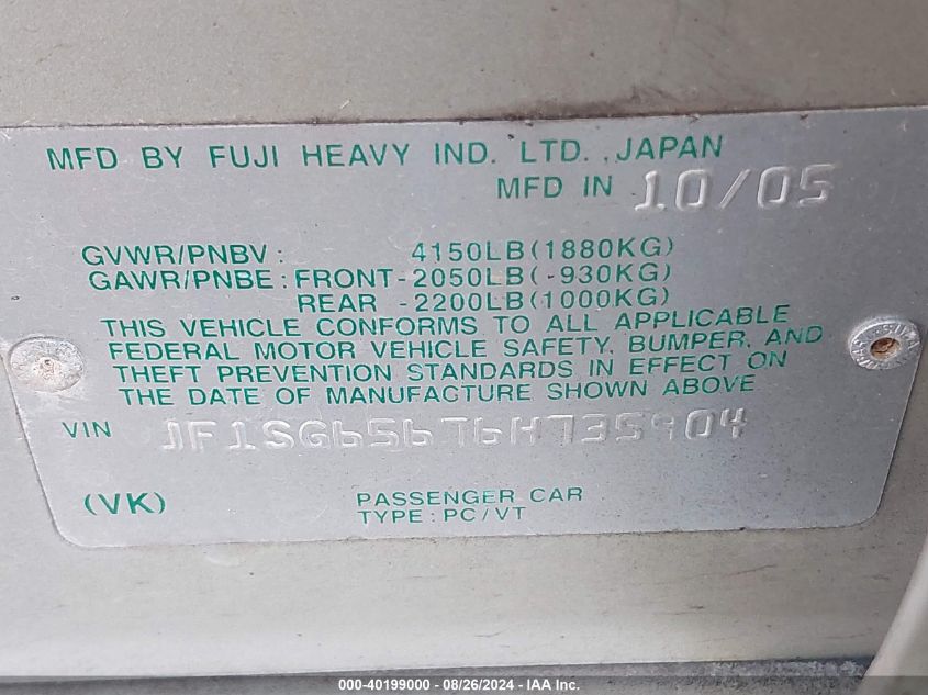 2006 Subaru Forester 2.5X VIN: JF1SG65676H735904 Lot: 40199000