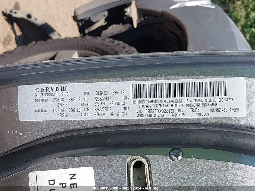 2019 Ram 1500 Classic Slt 4X4 6'4 Box VIN: 1C6RR7TTXKS659133 Lot: 40199008