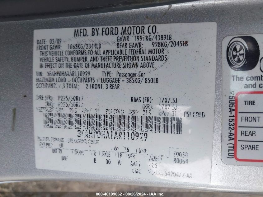 2010 Ford Fusion Se VIN: 3FAHP0HA1AR110929 Lot: 40199062