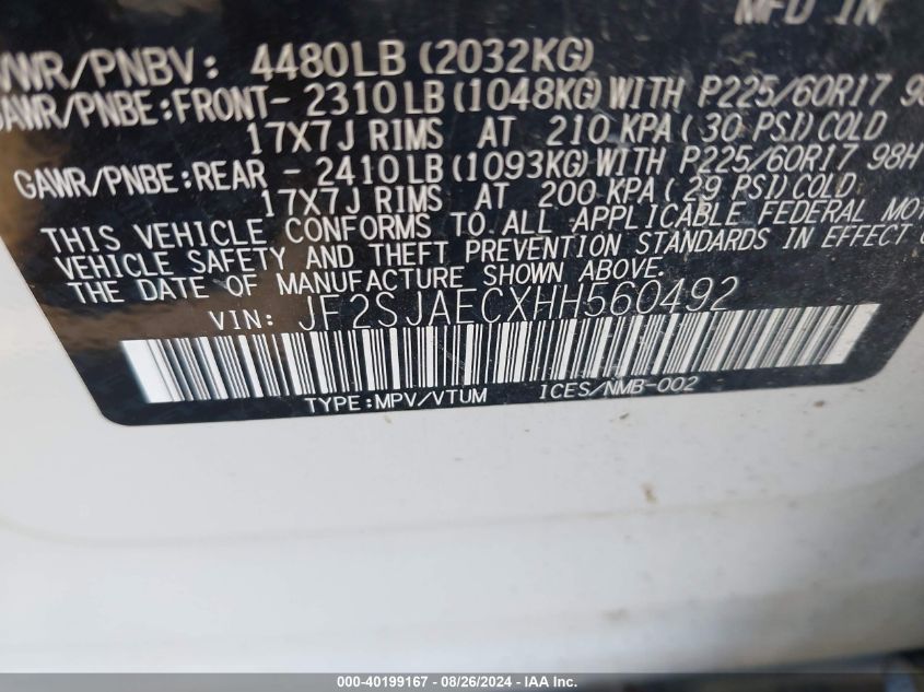 JF2SJAECXHH560492 2017 Subaru Forester 2.5I Premium